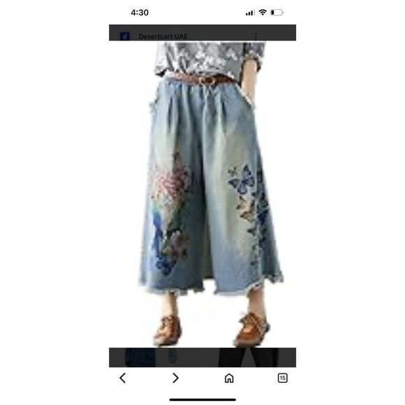 3 & D Fashion Denim Wide leg Jeans stretchy Waist Butterflies Parrots Flowers Lg - Picture 1 of 9